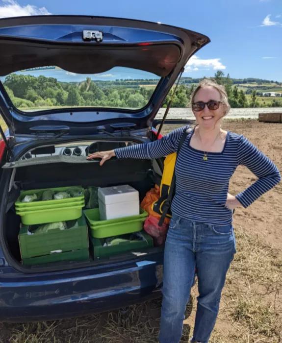 Lindsay Williams with a boot full of cabbage samples collected from a farm in Fife