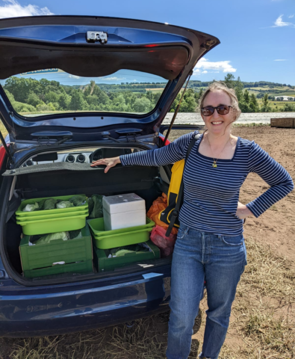 Lindsay Williams with a boot full of cabbage samples collected from a farm in Fife